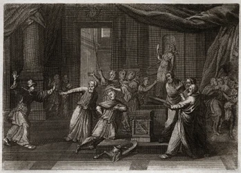 Biblia de Royaumont, Antiguo Testamento: Generosidad de Matatías. Matatías, padre de los Macabeos, mata a un judío que sacrificó a los ídolos por un santo celo de la ley de Dios. Ilustración de 1811.