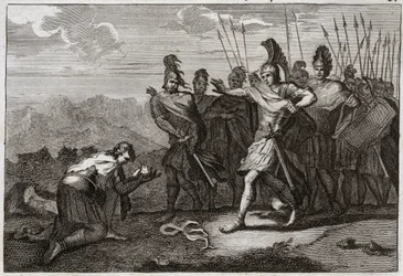 Biblia de Royaumont, Antiguo Testamento: Cabeza de Saúl. Los filisteos disfrutan de la muerte de Saúl y ofrecen su cabeza a su ídolo. David lamenta la muerte y va a Judea, donde es reconocido como rey en Hebrón. Ilustración de 1811