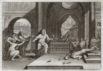Biblia de Royaumont, Antiguo Testamento: ídolo de Dagón. Cuando los filisteos pusieron el arca de la alianza en el templo junto a Dagón, su dios, ella derribó su ídolo y los hirió a todos con una grave peste, lo que les obligó a enviarla lejos. Ilustración