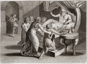 Biblia de Royaumont, Antiguo Testamento: Isaac bendice a Jacob. Isaac, deseando bendecir a Esaú, da su bendición a Jacob por la sabiduría de Rebeca, según el plan de Dios. Ilustración de 1811.