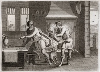 Biblia de Royaumont, Antiguo Testamento: Jacob y Esaú. Esaú vende su primogenitura a su hermano Jacob por unas lentejas. Ilustración de 1811.