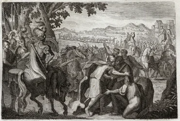 Biblia de Royaumont, Antiguo Testamento: Jacob va a Egipto. Jacob va a encontrar a José con toda su familia. Ilustración de 1811.