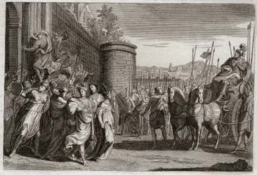Biblia de Royaumont, Antiguo Testamento: Jefté sacrifica a su hija. Jefté, uno de los jueces de Israel, prometió sacrificar a Dios a la primera persona que viniera a él después de su victoria contra los amonitas. Fue su hija. Ilustración de 1811.