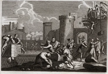 Biblia de Royaumont, Antiguo Testamento: Jerusalén reconstruida. El rey Artajerjes I envió a Nehemías a Jerusalén con permiso para reconstruir todos sus muros. Ilustración de 1811.