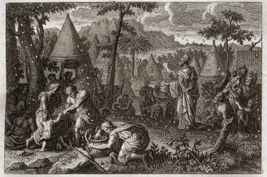 Biblia de Royaumont, Antiguo Testamento: Judíos en el desierto (o la recolección del maná). Dios hace caer maná del cielo durante cuarenta años. Ilustración de 1811.