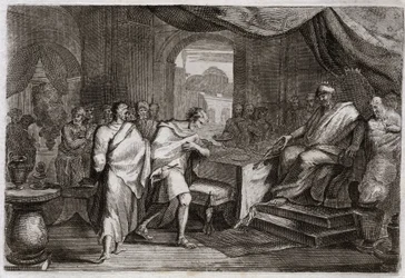 Biblia de Royaumont, Antiguo Testamento: Joaquín suelta las cadenas. Evilmerodach, rey de Babilonia, tras la muerte de Nabucodonosor II, trata a Joaquín, antiguo rey de Judá, y lo saca de las cadenas para sentarlo en su mesa. Ilustración de 1811.