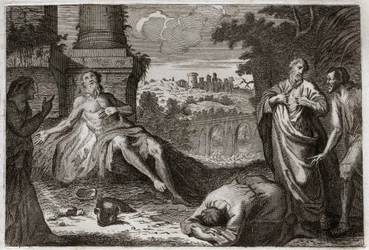 Biblia de Royaumont, Antiguo Testamento: Job en el estiércol. El santo Job es tentado por el demonio que le quita todos sus bienes y todos sus hijos, y lo golpea con una terrible herida, dejándole solo a su esposa para que lo lleve con impaciencia. Ilustra