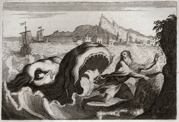 Biblia de Royaumont, Antiguo Testamento: Jonás en la ballena. El profeta Jonás vive en una ballena y sale vivo. Ilustración de 1811.