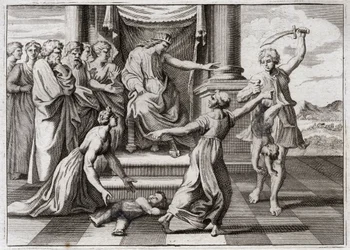 Biblia de Royaumont, Antiguo Testamento: Juicio de Salomón. El famoso juicio de Salomón entre dos mujeres, para reconocer cuál de las dos era la madre de un niño, que ambas reclamaban como suyo. Ilustración de 1811