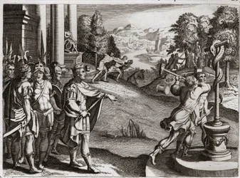 Biblia de Royaumont, Antiguo Testamento: Rey Ezequías. Ezequías, rey de Judá, se dedica al culto de Dios y elimina los ídolos que su pueblo adoraba antes de que él fuera rey. Ilustración de 1811.