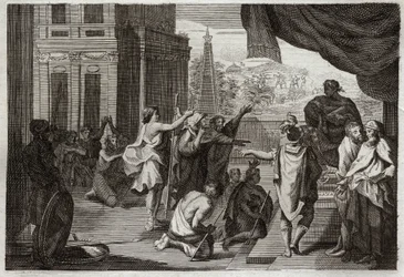 Biblia de Royaumont, Antiguo Testamento: Moisés ante el Faraón. Moisés pide al Faraón que deje ir a los hebreos al desierto para sacrificar al Señor. Ilustración de 1811.