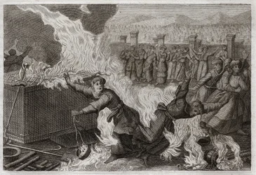 Biblia de Royaumont, Antiguo Testamento: Nadab y Abiú. Nadab (Nadav) y Abiú (Abihou), los hijos de Aarón, que pusieron un fuego extraño en sus incensarios, para ofrecer incienso a Dios, fueron quemados en el mismo Tabernáculo. Ilustración de 1811.