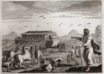Biblia de Royaumont, Antiguo Testamento: El arca de Noé. Dios, enojado por las transgresiones de los hombres, decide castigarlos con un diluvio; y para salvar a Noé, quien era justo, le ordena construir el arca. Ilustración de 1811.
