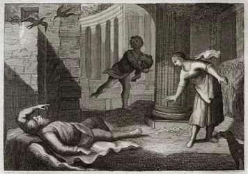 Biblia de Royaumont, Antiguo Testamento: El viejo Tobías pierde la vista. El santo hombre Tobías pierde la vista y sufre este mal con extrema paciencia. Ilustración de 1811