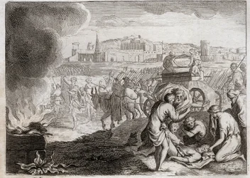 Biblia de Royaumont, Antiguo Testamento: Oza golpeado por Dios. David quiere traer de vuelta el Arca de la Alianza. Oza murió, quien puso su mano allí para evitar que cayera. Ilustración de 1811.