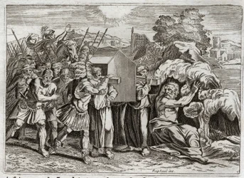Biblia de Royaumont, Antiguo Testamento: Paso del Jordán. Josué lleva el Jordán a todo el pueblo. Este río se seca, y los sacerdotes que llevaban el arca de la alianza entraron en él; y las aguas se elevaron y permanecieron suspendidas como una montaña.
