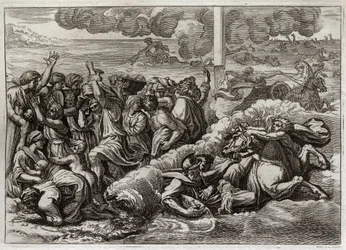Biblia de Royaumont, Antiguo Testamento: El Faraón se sumerge en el Mar Rojo. El paso del Mar Rojo por Moisés y los hebreos, ahogando al ejército del Faraón. Ilustración de 1811.