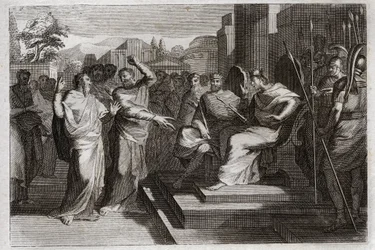 Biblia de Royaumont, Antiguo Testamento: Piedad de Josafat. Josafat, el rey más piadoso de Judá, hace temblar a todos los príncipes que lo rodean, y testifica de diversas maneras su piedad hacia Dios, lo que lo hizo victorioso sobre sus enemigos. Ilustraci