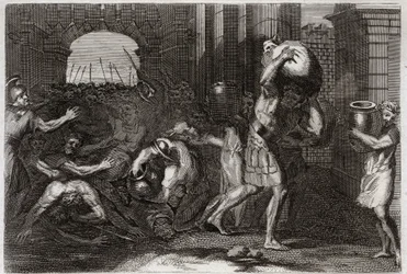 Biblia de Royaumont, Antiguo Testamento: Predicción de Eliseo. Un señor de Samaria, habiendo malinterpretado las palabras de Eliseo, es aplastado a sus pies. Ilustración de 1811