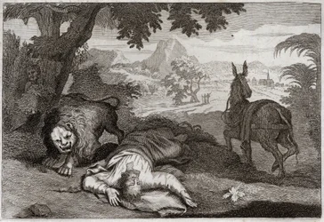 Biblia de Royaumont, Antiguo Testamento: Profeta desobediente. Un profeta, habiendo reprendido a Jeroboam por su impiedad, es asesinado por un león, porque no obedeció al Señor, quien le había prohibido comer y beber en ese lugar. Ilustración de 1811