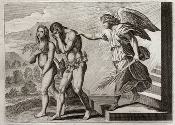 Biblia de Royaumont, Antiguo Testamento: Castigo de Adán. Dios expulsa a Adán y Eva del Paraíso después de su caída, y pone un querubín en la puerta para defender su entrada. Ilustración de 1811.