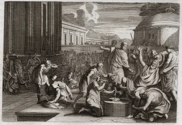 Biblia de Royaumont, Antiguo Testamento: Castigo de Adonibesec. Muerte de Josué. El rey Adonibesec (Adonibesech, Adoni Bezek, Adoni-Bezek) habiendo sido desafiado por los judíos, fue hecho cortar los extremos de sus pies y manos, como él los había cortado,