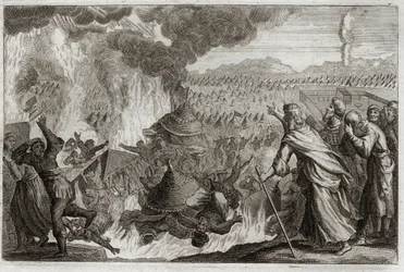 Biblia de Royaumont, Antiguo Testamento: Castigo del Fuego Celestial. Core (Kore), Datán (Datan, Nathan) y Abirón (Abiram) murmurando contra Moisés, y afectando al gobernante Pretrise, son destruidos vivos, y la tierra se abre para devorarlos. Episodio de 