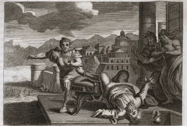 Biblia de Royaumont, Antiguo Testamento: Castigo de Heli. Dios, para castigar al gran sacerdote Heli (Eli) por su negligencia al tomar las órdenes de sus hijos, permite que caiga de su asiento y se rompa la cabeza al escuchar la noticia de su muerte.