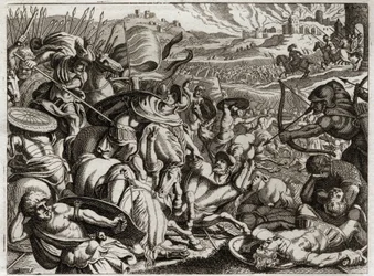 Biblia de Royaumont, Antiguo Testamento: Castigo de los benjamitas. La tribu de Benjamín es exterminada. Ilustración de 1811.
