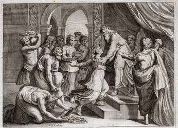 Biblia de Royaumont, Antiguo Testamento: Reina de Saba. La Reina de Saba viene a Salomón para escuchar su sabiduría y ofrecerle regalos. Ilustración de 1811