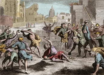 Biblia de Royaumont, Antiguo Testamento: Representación del cisma de Roboam que dividió el reino de Israel después de la muerte de Salomón - su pueblo envía diputados a Roboam su hijo, quien, prefiriendo el consejo de los jóvenes al de los ancianos, pierde