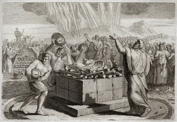 Biblia de Royaumont, Antiguo Testamento: Sacrificio de Elías. Y habiendo dado a conocer al verdadero Dios por el milagro del fuego que descendió del cielo sobre su sacrificio, mandó al pueblo matar a los cuatrocientos cincuenta sacerdotes del ídolo de Baal