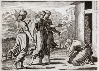 Biblia de Royaumont, Antiguo Testamento: Sara concibe a Isaac. Abraham recibe a tres ángeles que prometen a Sara (Sara) que tendrá un hijo en un año. Ilustración de 1811.