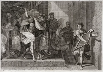 Biblia de Royaumont, Antiguo Testamento: Saúl quiere matar a David. Saúl lleno de ira y envidia contra David, quiere atravesarlo con su lanza cuando tocaba el arpa frente a él. Ilustración de 1811.
