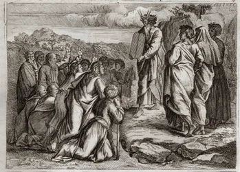Biblia de Royaumont, Antiguo Testamento: Segundas Tablas de la Ley. Dios da a Moisés otras tablas (Diez Mandamientos), que el pueblo recibe con respeto. Ilustración de 1811.