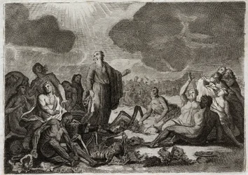 Biblia de Royaumont, Antiguo Testamento: Segunda visión de Ezequiel. La visión que el profeta Ezequiel tuvo de varios huesos secos que tomaron forma humana. Ilustración de 1811