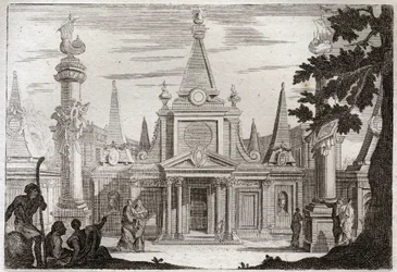 Biblia de Royaumont, Antiguo Testamento: Simón, sumo sacerdote. Simón Macabeo (Maccabee, Macabee) sucede a su hermano Jonatán (Jonathan), levanta una magnífica tumba para su padre y sus hermanos, y es asesinado por traición. Ilustración de 1811.