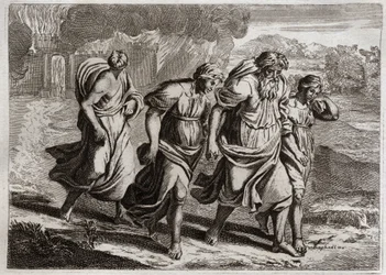 Biblia de Royaumont, Antiguo Testamento: Sodoma quemada. Dios irritado por los abominables crímenes de Sodoma, la quema junto con otras ciudades vecinas, con una lluvia de fuego y azufre que cae del cielo (Lot, sus hijas y su esposa huyen de la ciudad). Il