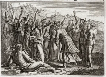 Biblia de Royaumont, Antiguo Testamento: Salomón Rey. David estableció a Salomón como rey a las oraciones de Betsabé y el profeta Natán. Ilustración de 1811.