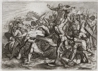 Biblia de Royaumont, Antiguo Testamento: Detención del sol. Josué persiguiendo a sus enemigos amorreos (amoritas) hace que el sol se detenga, para tener más tiempo para derrotarlos. Ilustración de 1811.