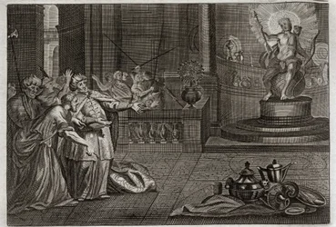 Biblia de Royaumont, Antiguo Testamento: El ídolo de Bel. Daniel destruyó el ídolo de Bel y mató a un dragón al que los babilonios adoraban. Ilustración de 1811