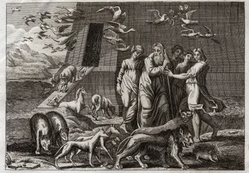 Biblia de Royaumont, Antiguo Testamento: El Arco Iris. Noé sale del Arca y ofrece un sacrificio a Dios, quien lo recibe favorablemente. Promete no enviar más diluvios a la tierra. Da el Arco Iris como señal de la verdad de esta promesa. Ilustración de 1811