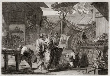 Biblia de Royaumont, Antiguo Testamento: El Tabernáculo. Moisés hace montar el Tabernáculo según la orden que había recibido de Dios. Ilustración de 1811.