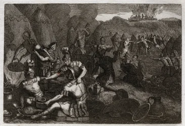 Biblia de Royaumont, Antiguo Testamento: Ladrones de Siceleg. Algunos amalecitas vienen a saquear Siceleg en ausencia de David. Él corre furioso y los derrota. Ilustración de 1811.