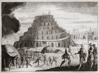 Biblia de Royaumont, Antiguo Testamento: Torre de Babel. Los hombres quieren por vanidad levantar una Torre hasta el cielo. Dios impide esta obra confundiendo sus lenguas para que no puedan entenderse. Ilustración de 1811