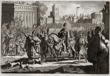 Biblia de Royaumont, Antiguo Testamento: Triunfo de Mardoqueo. Amán es obligado por el rey a publicar el triunfo de Mardoqueo, su enemigo, por toda la ciudad de Susa. Ilustración de 1811.