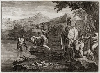 Biblia de Royaumont, Antiguo Testamento: Guerra de Naamán. Naamán, general del ejército del rey de Siria, vino a encontrar al profeta Eliseo para ser curado de su lepra. Ilustración de 1811.