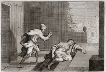 Biblia de Royaumont, Antiguo Testamento: Mujer del Levita ultrajado. La esposa del levita fue encontrada muerta en la puerta después de ser abusada por maleantes. Ilustración de 1811