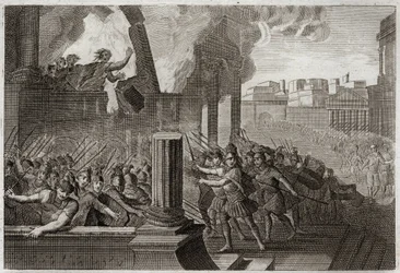 Biblia de Royaumont, Antiguo Testamento: Zambri se quema. Zambri, habiéndose rebelado contra Ela, el cuarto rey de Israel, se atrinchera en Tersa, donde se quema a sí mismo, con toda su familia, en su palacio. Ilustración de 1811