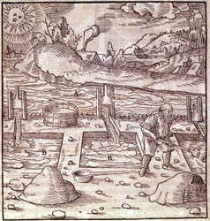 Recuperación de betún. Georg Bauer "Agricola De Re metallica" libro del siglo XV. Bibl. del Museo de Ciencia, Milán.
